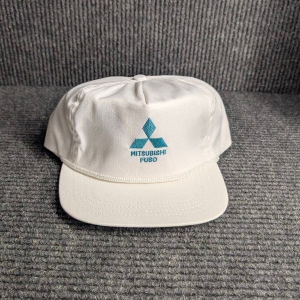 VTG 1980s Mitsubishi Fuso Rope Snapback USA Made Leather Adjustment Strap White